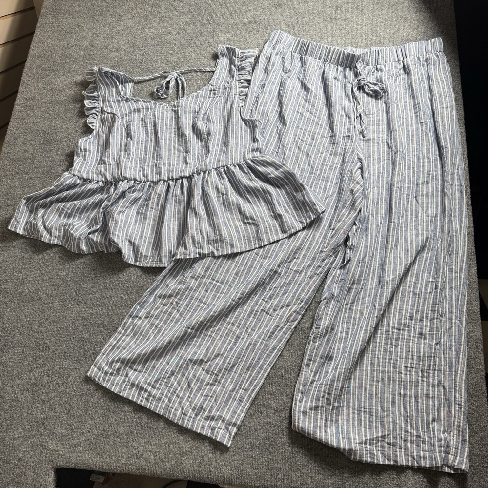 Womens Blue White Striped 2 Piece Pant Suit Set Ruffle Peplum Top Wide Leg 3X